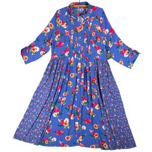 NWT John Mark Island Dreaming Maxi Dress XL Blue Floral Pintuck Button Front
